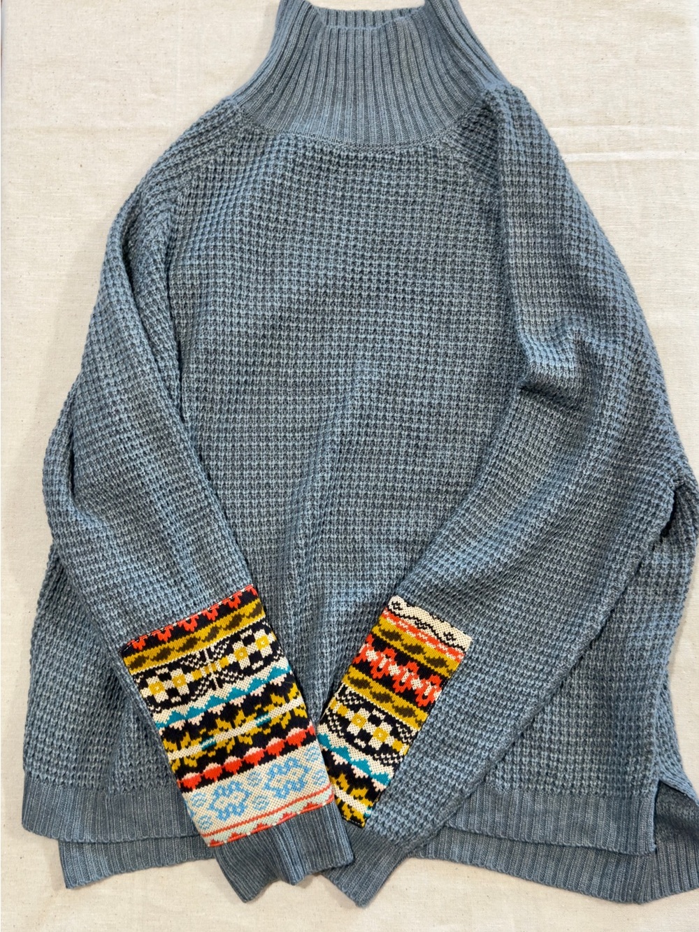 Gray Blue Turtleneck Sweater with Colorful Patterned Cuffs
